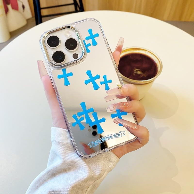 Fits Iphone 16 Pro Max Case Pink Phone Case for Women Christian Mirror Phone Case for Iphone 15 Case Cute Phone Case Shockproof Protective Phone Cover(Blue,16Promax)