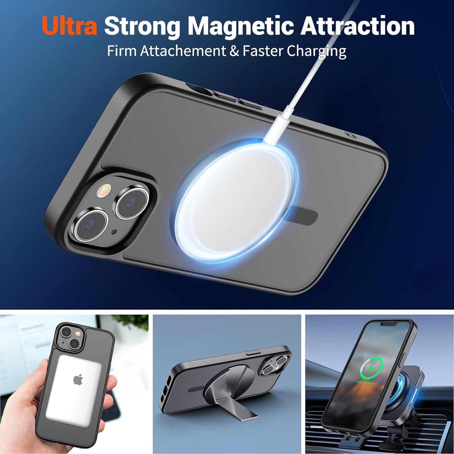 Magnetic iPhone 14 and iPhone 13 Case - Compatible with MagSafe, Military-Grade Drop Protection, Translucent Matte Shockproof Phone Cover, Black