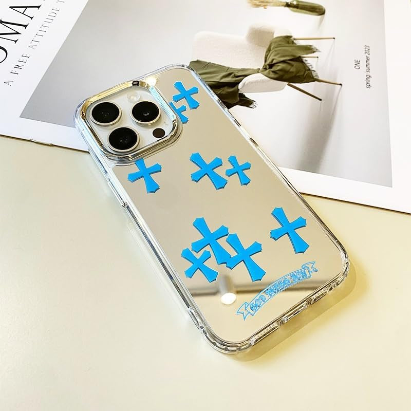 Fits Iphone 16 Pro Max Case Pink Phone Case for Women Christian Mirror Phone Case for Iphone 15 Case Cute Phone Case Shockproof Protective Phone Cover(Blue,16Promax)