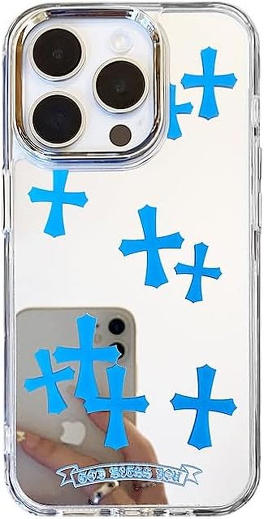 Fits Iphone 16 Pro Max Case Pink Phone Case for Women Christian Mirror Phone Case for Iphone 15 Case Cute Phone Case Shockproof Protective Phone Cover(Blue,16Promax)