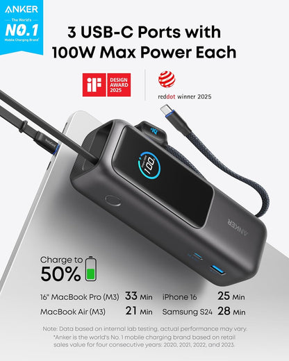 Laptop Power Bank, 25,000Mah Portable Charger with Triple 100W USB-C Ports, Built-In and Retractable Cables, for Iphone 16/15 Series, Macbook, Samsung, and More (Flight-Approved)