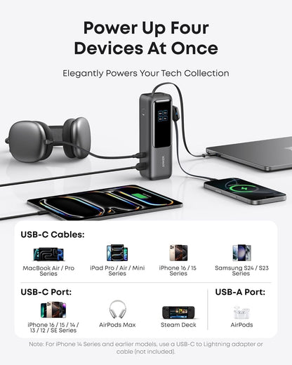 Laptop Power Bank, 25,000Mah Portable Charger with Triple 100W USB-C Ports, Built-In and Retractable Cables, for Iphone 16/15 Series, Macbook, Samsung, and More (Flight-Approved)